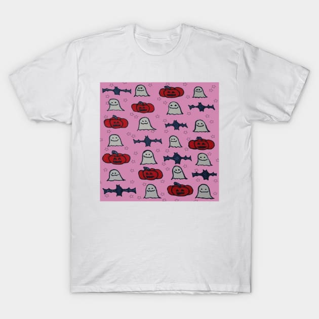 Halloween Ghosts, Bats, and Pumpkins on Pink T-Shirt by DanielleGensler